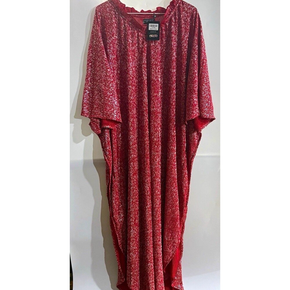 Tamsy Red Silver Abstract Metallic Woven Kaftan Dress Round Neck One Size